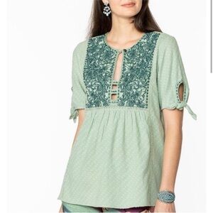 Double D Ranch Rose Scroll Top Boho Blouse Green size XL